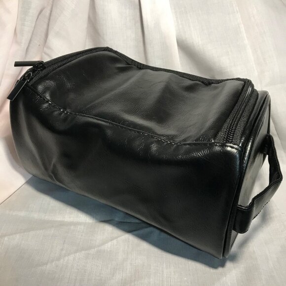 Hanging Black Cosmetic Toiletry Bag Medium Size PU Leather Very Roomy 10 x 6" - Picture 3 of 10